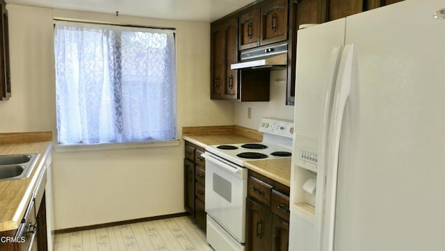 kitchen featuring light countertops, dark brown cabinets, under cabinet range hood, and white appliances