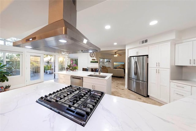 22421 Birchcrest, Mission Viejo, CA 92692 - kitchen with island range hood, a sink, appliances with stainless steel finishes, open floor plan, and white cabinetry
