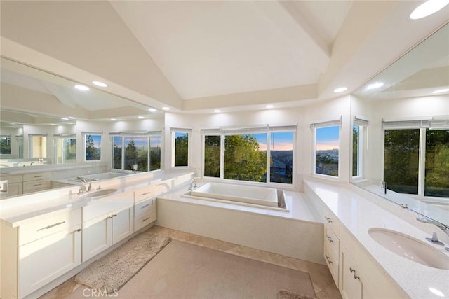 22421 Birchcrest, Mission Viejo, CA 92692 - bathroom featuring recessed lighting, vaulted ceiling, a sink, a bath, and a wealth of natural light