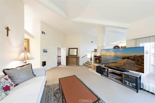 22421 Birchcrest, Mission Viejo, CA 92692 - carpeted living room with a towering ceiling and stairway