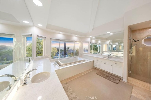 22421 Birchcrest, Mission Viejo, CA 92692 - bathroom featuring recessed lighting, a shower stall, a garden tub, and a sink