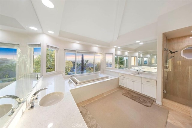 22421 Birchcrest, Mission Viejo, CA 92692 - full bath with two vanities, a garden tub, a shower stall, recessed lighting, and vaulted ceiling