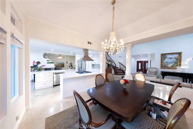22421 Birchcrest, Mission Viejo, CA 92692 - dining room with a chandelier, stairs, decorative columns, light tile patterned flooring, and crown molding