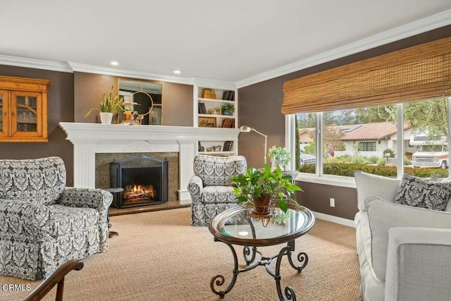 614 Crestview Dr, Ojai, CA 93023 - carpeted living area with a fireplace, baseboards, crown molding, and recessed lighting