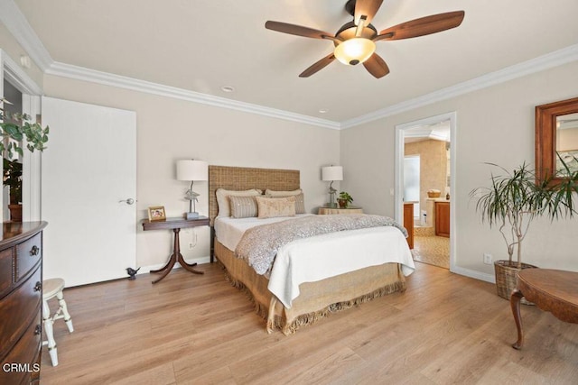 614 Crestview Dr, Ojai, CA 93023 - bedroom with light wood-type flooring, ornamental molding, baseboards, a ceiling fan, and connected bathroom