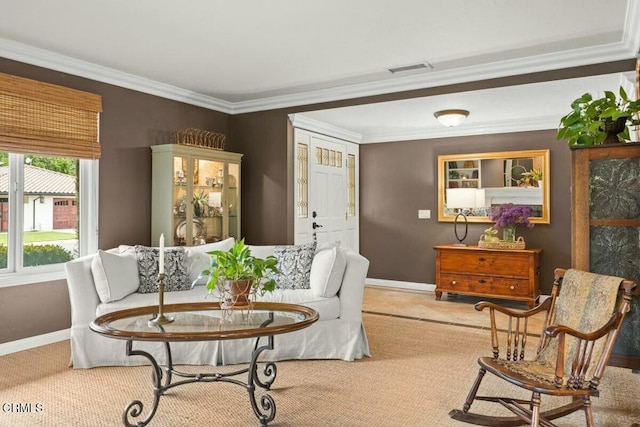 614 Crestview Dr, Ojai, CA 93023 - carpeted living room featuring baseboards and ornamental molding
