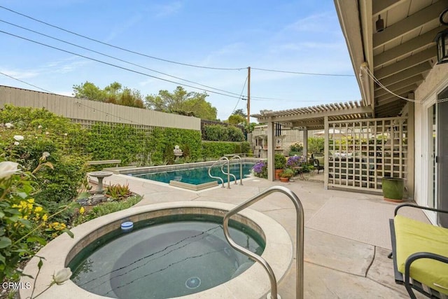 614 Crestview Dr, Ojai, CA 93023 - view of pool featuring an in-ground hot tub, a pergola, a patio, and a fenced backyard