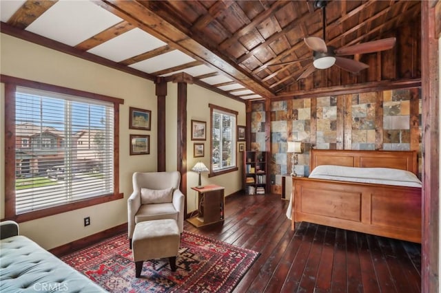 33228 Romance Pl, Temecula, CA 92592 - bedroom with lofted ceiling, wooden ceiling, wood-type flooring, baseboards, and decorative columns