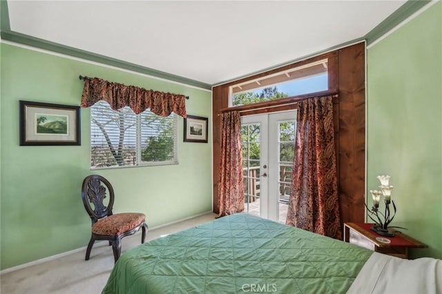 33228 Romance Pl, Temecula, CA 92592 - bedroom with light colored carpet, access to outside, baseboards, french doors, and crown molding