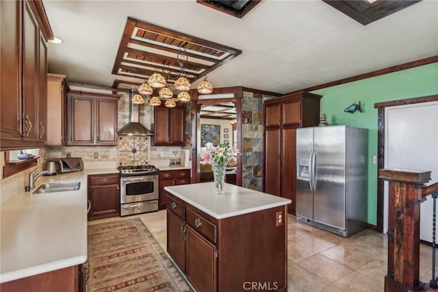 33228 Romance Pl, Temecula, CA 92592 - kitchen featuring a center island, a sink, backsplash, wall chimney range hood, and appliances with stainless steel finishes
