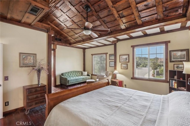 33228 Romance Pl, Temecula, CA 92592 - bedroom featuring dark wood finished floors, visible vents, wooden ceiling, baseboards, and lofted ceiling with beams