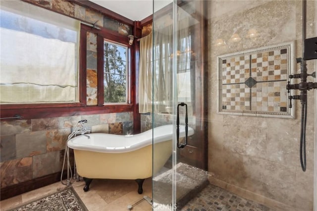 33228 Romance Pl, Temecula, CA 92592 - bathroom with a shower stall, a soaking tub, tile patterned flooring, and tile walls