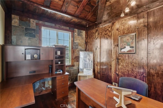 33228 Romance Pl, Temecula, CA 92592 - office space with wood ceiling, wood walls, beam ceiling, and dark wood-type flooring