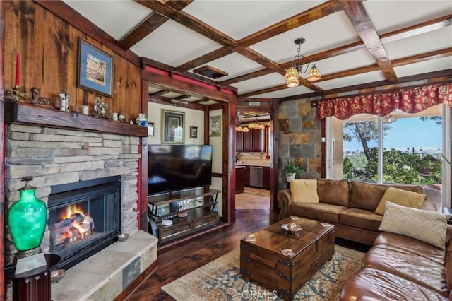 33228 Romance Pl, Temecula, CA 92592 - living room featuring hardwood / wood-style floors, a fireplace, beam ceiling, and coffered ceiling