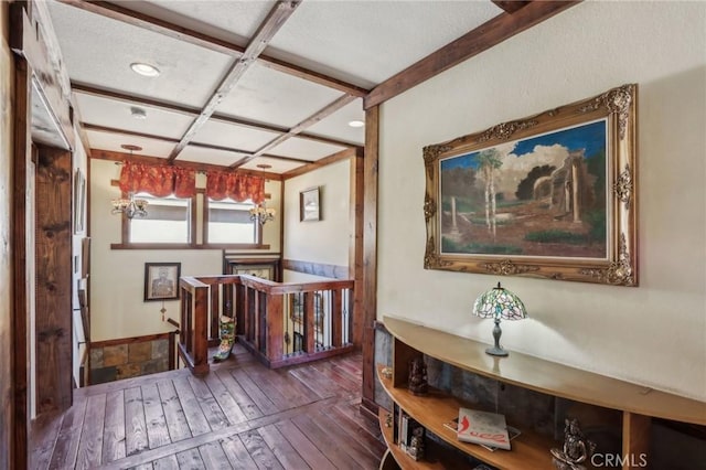 33228 Romance Pl, Temecula, CA 92592 - hallway with wood-type flooring, an upstairs landing, and a textured ceiling