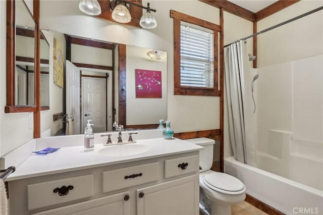 33228 Romance Pl, Temecula, CA 92592 - bathroom featuring vanity, shower / bathtub combination with curtain, and toilet