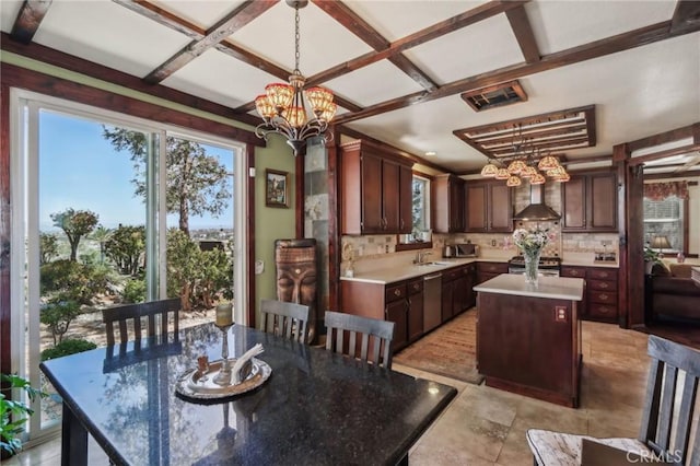33228 Romance Pl, Temecula, CA 92592 - dining area featuring coffered ceiling, beam ceiling, a chandelier, and visible vents