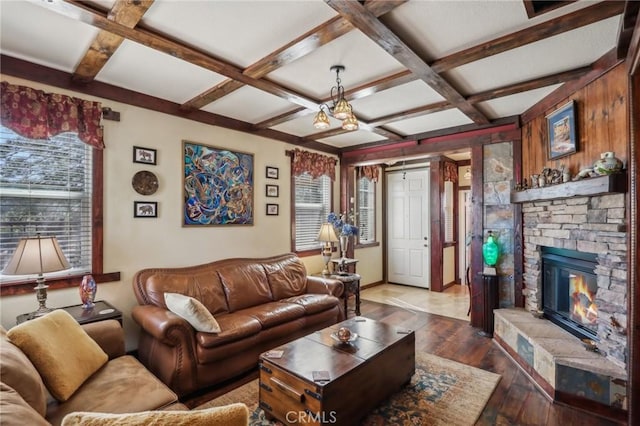 33228 Romance Pl, Temecula, CA 92592 - living room featuring hardwood / wood-style floors, a stone fireplace, beam ceiling, and coffered ceiling
