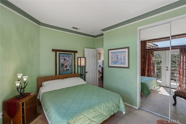 33228 Romance Pl, Temecula, CA 92592 - carpeted bedroom with access to outside, french doors, crown molding, and visible vents