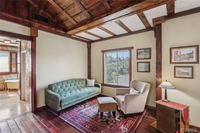 33228 Romance Pl, Temecula, CA 92592 - living area with hardwood / wood-style flooring, wooden ceiling, baseboards, beam ceiling, and visible vents