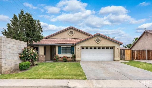 single story home with fence, stucco siding, an attached garage, driveway, and a front yard