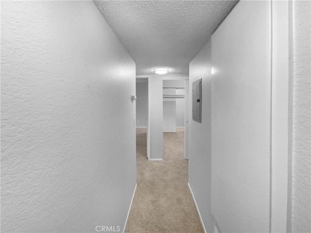 hallway with a textured wall, carpet floors, electric panel, baseboards, and a textured ceiling