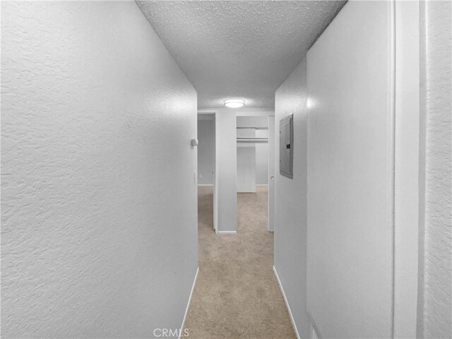 1800 E Old Ranch Rd, Colton, CA 92324 - corridor with a textured wall, a textured ceiling, electric panel, carpet, and baseboards