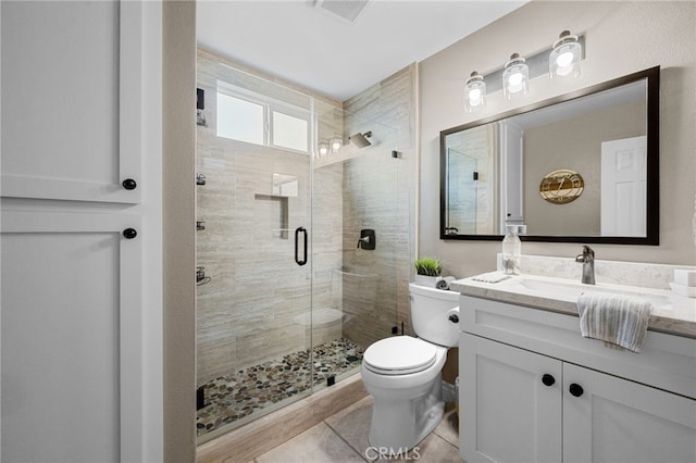 bathroom with a shower stall, visible vents, toilet, and vanity