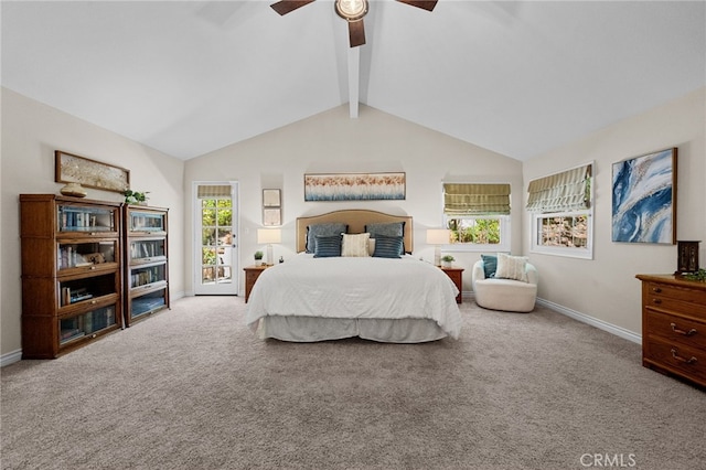 bedroom with lofted ceiling with beams, carpet, baseboards, and ceiling fan