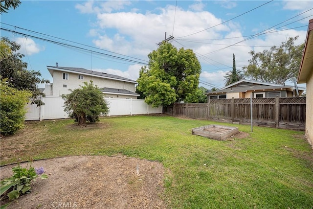 view of yard with a fenced backyard and a vegetable garden