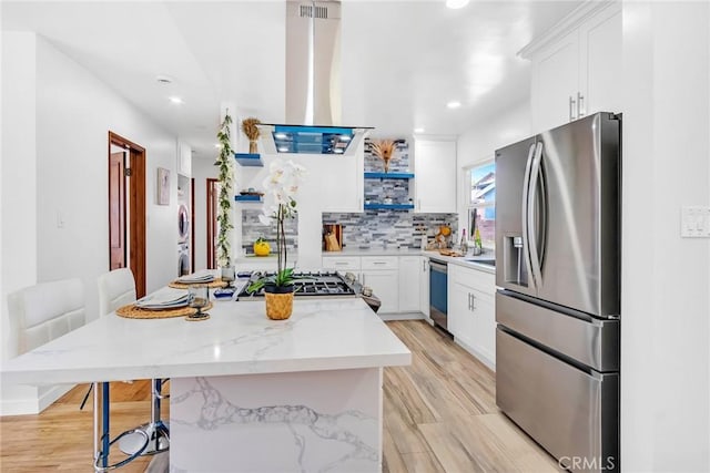 1521 249th St, Harbor City, CA 90710 - kitchen featuring stainless steel fridge with ice dispenser, range hood, tasteful backsplash, a kitchen island, and recessed lighting