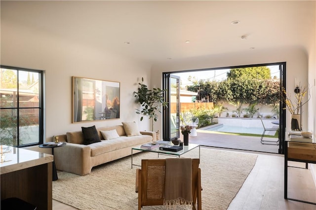 living room featuring a wealth of natural light and wood finished floors