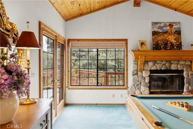 2116 Ironwood Ct, Pine Mountain Club, CA 93222 - game room featuring vaulted ceiling, pool table, wood ceiling, carpet floors, and baseboards