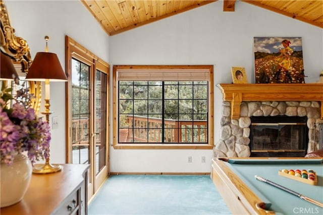 2116 Ironwood Ct, Pine Mountain Club, CA 93222 - game room featuring carpet flooring, lofted ceiling, wood ceiling, baseboards, and a fireplace
