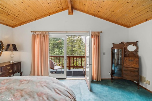 2116 Ironwood Ct, Pine Mountain Club, CA 93222 - bedroom featuring vaulted ceiling, wood ceiling, baseboards, access to outside, and carpet flooring