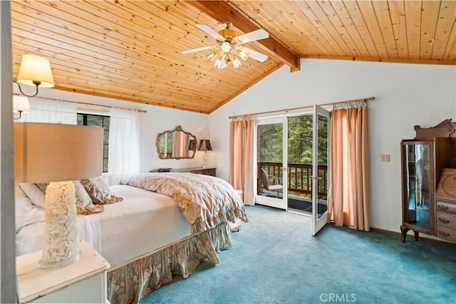 2116 Ironwood Ct, Pine Mountain Club, CA 93222 - bedroom with access to outside, carpet, wooden ceiling, and ceiling fan
