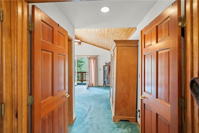 2116 Ironwood Ct, Pine Mountain Club, CA 93222 - hall with recessed lighting, vaulted ceiling, carpet floors, and wood ceiling