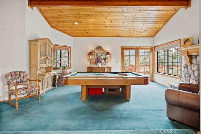 2116 Ironwood Ct, Pine Mountain Club, CA 93222 - rec room featuring vaulted ceiling, carpet flooring, and billiards