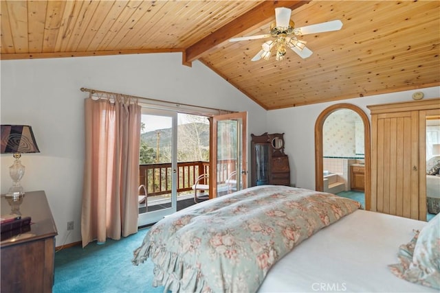 2116 Ironwood Ct, Pine Mountain Club, CA 93222 - bedroom featuring vaulted ceiling with beams, a mountain view, wood ceiling, carpet flooring, and access to outside