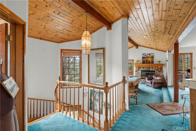 2116 Ironwood Ct, Pine Mountain Club, CA 93222 - staircase with wooden ceiling, carpet flooring, plenty of natural light, and a fireplace