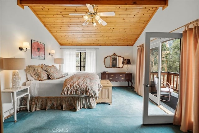 2116 Ironwood Ct, Pine Mountain Club, CA 93222 - carpeted bedroom featuring wood ceiling, lofted ceiling, and access to outside