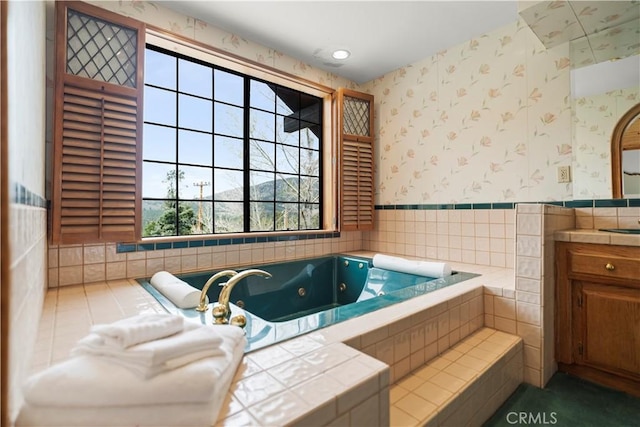 2116 Ironwood Ct, Pine Mountain Club, CA 93222 - full bathroom with wallpapered walls, a wainscoted wall, a whirlpool tub, and vanity