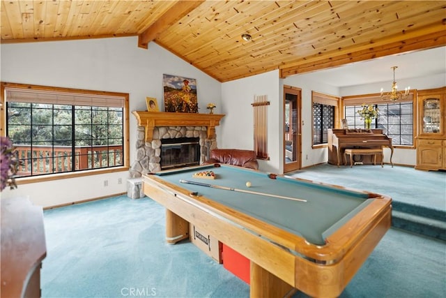 2116 Ironwood Ct, Pine Mountain Club, CA 93222 - rec room featuring carpet, billiards, a fireplace, baseboards, and a chandelier