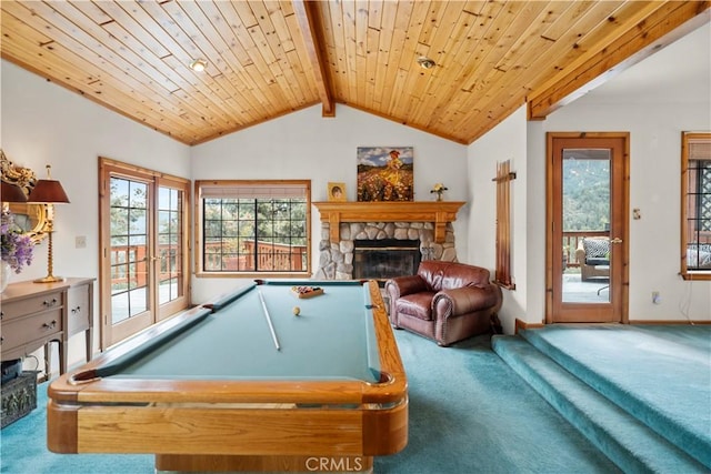 2116 Ironwood Ct, Pine Mountain Club, CA 93222 - rec room featuring lofted ceiling with beams, carpet floors, wooden ceiling, pool table, and a fireplace