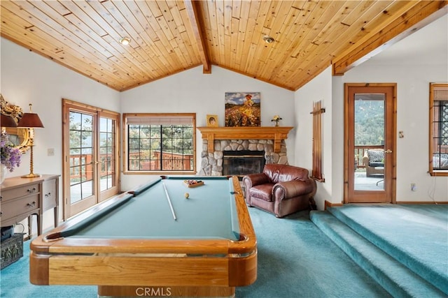 2116 Ironwood Ct, Pine Mountain Club, CA 93222 - rec room with carpet floors, a fireplace, billiards table, and wood ceiling