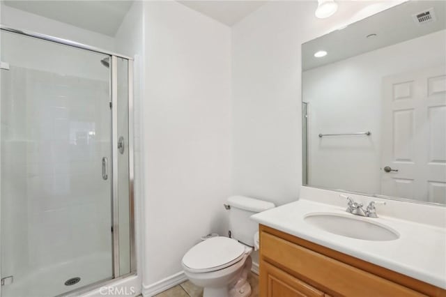 full bathroom featuring visible vents, a stall shower, toilet, vanity, and tile patterned flooring