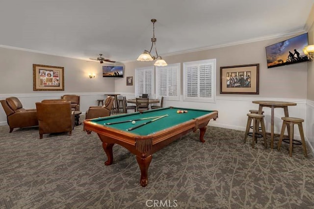 recreation room featuring carpet, crown molding, billiards, and a wainscoted wall