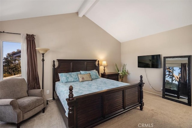 bedroom featuring light colored carpet, lofted ceiling with beams, and baseboards