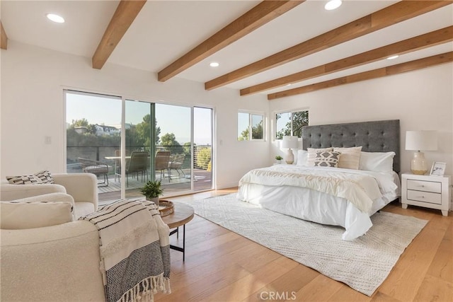 bedroom featuring recessed lighting, light wood-type flooring, access to exterior, and beamed ceiling