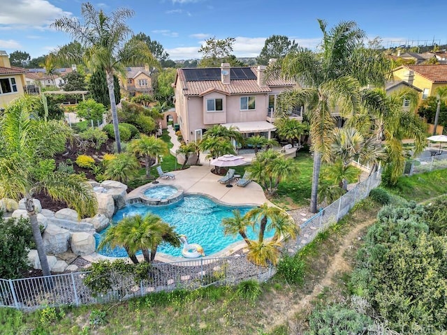 10495 Abalone Lndg, San Diego, CA 92130 - view of swimming pool featuring an in-ground hot tub, a fenced backyard, a patio area, and outdoor dining area